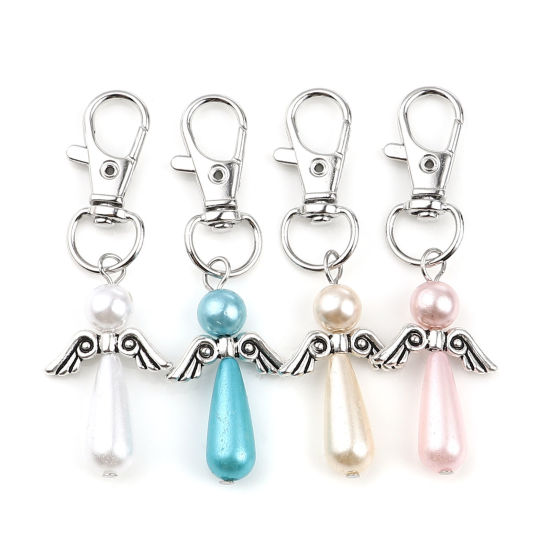 Picture of Keychain & Keyring Silver Tone White Drop Wing Pearlized 65mm, 5 PCs