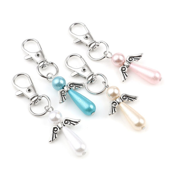 Picture of Keychain & Keyring Silver Tone White Drop Wing Pearlized 65mm, 5 PCs