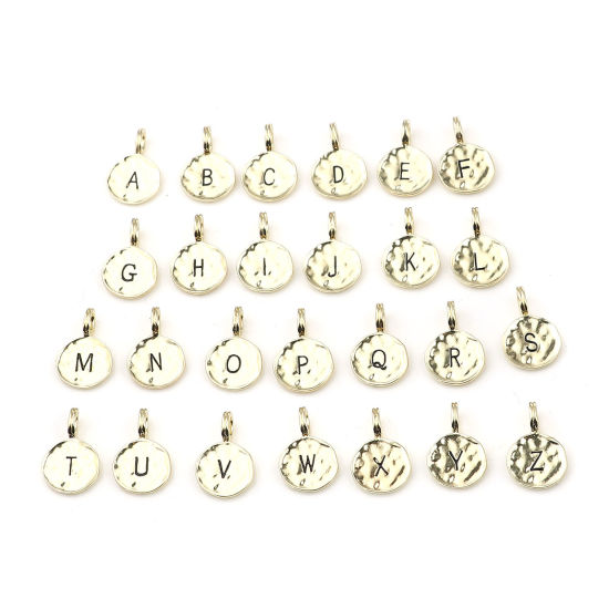 Immagine di Lega di Zinco Charms Colore Oro 16K Tondo Lettera Maiuscola Smalto 17mm x 11mm, 1 Serie ( 26 Pz/Serie)