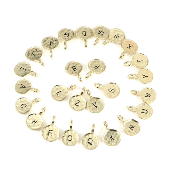 Immagine di Lega di Zinco Charms Colore Oro 16K Tondo Lettera Maiuscola Smalto 17mm x 11mm, 1 Serie ( 26 Pz/Serie)