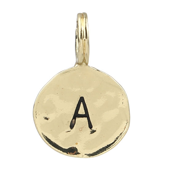 Immagine di Lega di Zinco Charms Colore Oro 16K Tondo Lettera Maiuscola Lettere " A " Smalto 17mm x 11mm, 20 Pz