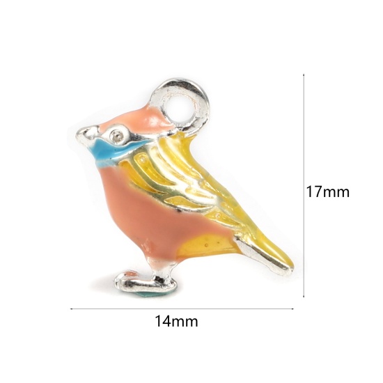 Imagen de Zamak Jardín de Flores de Esmalte Colgantes Charms Pájaro Tono de Plata Multicolor Esmalte 17mm x 14mm, 5 Unidades