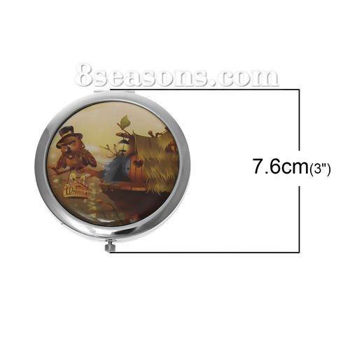 Picture of Make Up Pocket Mirror Cosmetic Round Foldable Silver Tone At Random Owl Pattern 7.6cm(3") x 7cm(2 6/8"), 1 Piece