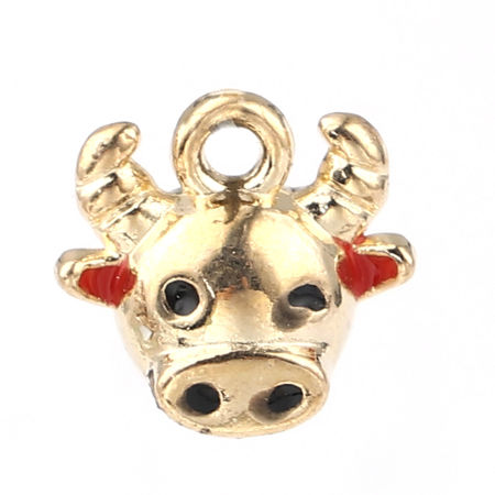 Picture of Zinc Based Alloy Charms Cow Animal Gold Plated Red Message " Blessing " Enamel 10mm x 10mm, 10 PCs