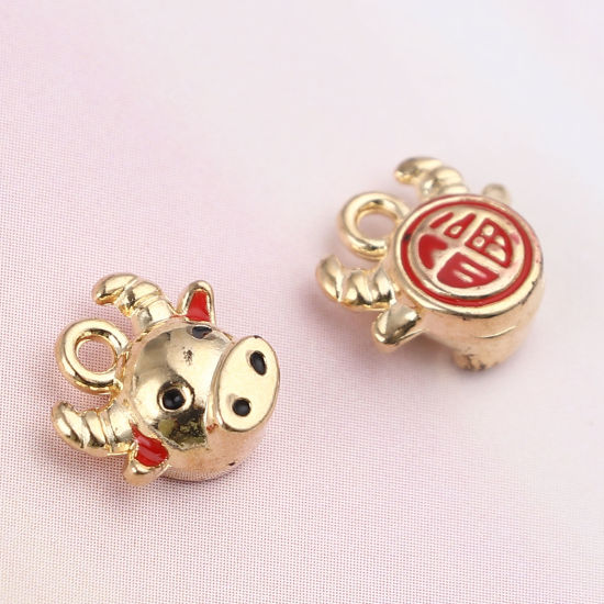 Изображение Цинковый Сплав Подвески Корова Позолоченный Красный Сообщение " благословение " С Эмалью 10мм x 10мм, 10 ШТ