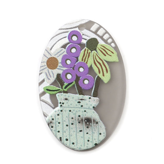 Picture of 5 PCs Resin Pendants Oval Flower Multicolor 3.7cm x 2.4cm
