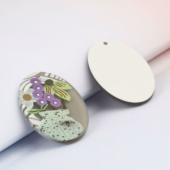 Picture of 5 PCs Resin Pendants Oval Flower Multicolor 3.7cm x 2.4cm