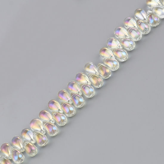 Picture of Glass AB Rainbow Color Aurora Borealis Beads Drop Pale Yellow Color Plated About 9mm x 6mm, Hole: Approx 1mm, 100 PCs