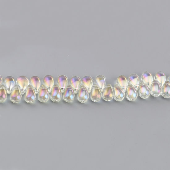 Picture of Glass AB Rainbow Color Aurora Borealis Beads Drop Pale Yellow Color Plated About 9mm x 6mm, Hole: Approx 1mm, 100 PCs