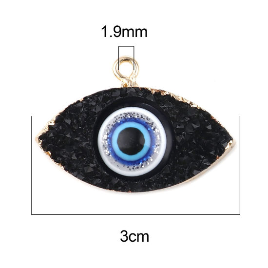 Picture of Zinc Based Alloy & Resin Religious Pendants Marquise Evil Eye Gold Plated Black Glitter 3cm x 2cm, 3 PCs