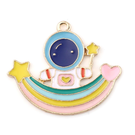 Imagen de Zamak Galaxia Colgantes Astronauta Chapado en Oro Multicolor Arco Iris Esmalte 3cm x 2.5cm, 5 Unidades