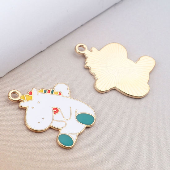 Imagen de Zamak Colgantes Hipopótamo KC Dorado Blanco Esmalte 3cm x 2.3cm, 10 Unidades