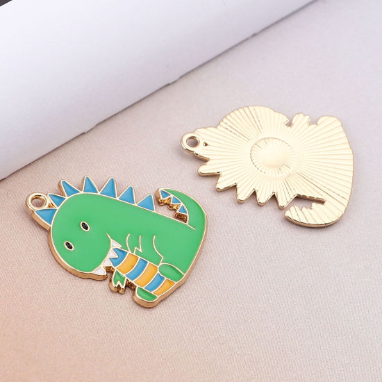 Imagen de Zamak Colgantes Dinosaurio KC Dorado Verde Esmalte 3cm x 2.3cm, 10 Unidades