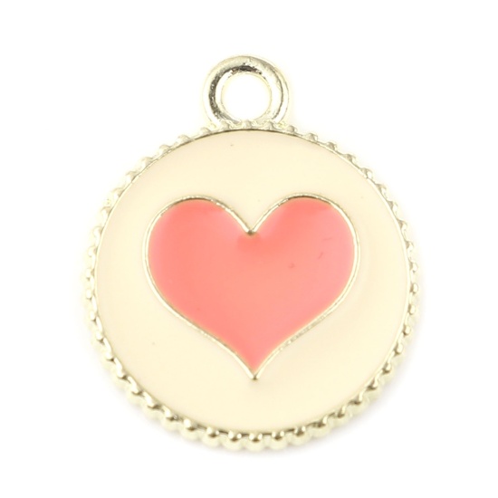 Immagine di Lega di Zinco San Valentino Charms Tondo Oro Placcato Rosa Caldo Cuore Smalto 19mm x 16mm , 20 Pz