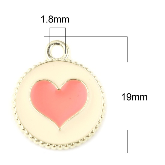 Immagine di Lega di Zinco San Valentino Charms Tondo Oro Placcato Rosa Caldo Cuore Smalto 19mm x 16mm , 20 Pz