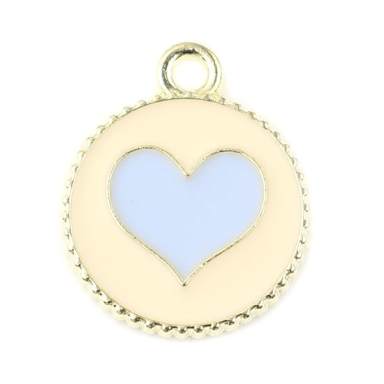 Immagine di Lega di Zinco San Valentino Charms Tondo Oro Placcato Blu Cuore Smalto 19mm x 16mm , 20 Pz