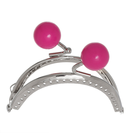 Iron Based Alloy Kiss Clasp Lock Purse Frame Arch Silver Tone Fuchsia Acrylic Ball 8.6x7.5cm(3 3/8" x3"), Open Size: 14.5x8.6cm(5 6/8"x3 3/8"), 1 Piece