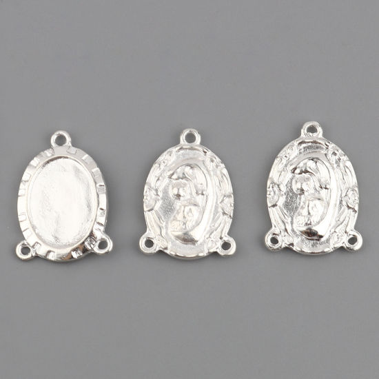 Picture of Zinc Based Alloy Religious Cabochon Settings Connectors Findings Oval Silver Plated Virgin Mary Carved (Fits 18mmx13mm) 27mm x 19mm, 10 PCs