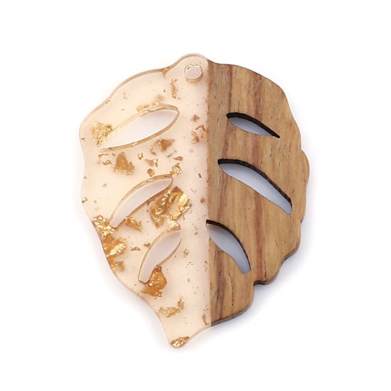 Immagine di Legno & Resina Charm Resina Effetto Legno Ciondoli Foglia Arancione Chiara Stagnola 3.7cm x 2.8cm, 3 Pz