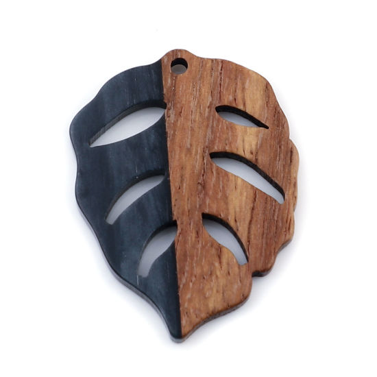 Immagine di Legno & Resina Charm Resina Effetto Legno Ciondoli Foglia Grigio Nero 3.7cm x 2.8cm, 3 Pz