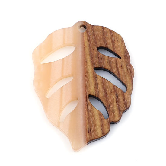 Immagine di Legno & Resina Charm Resina Effetto Legno Ciondoli Foglia Arancione Rosa 3.7cm x 2.8cm, 3 Pz