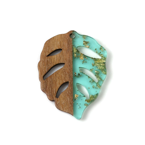 Immagine di Legno & Resina Charm Resina Effetto Legno Ciondoli Foglia Verde Stagnola 3.7cm x 2.8cm, 3 Pz