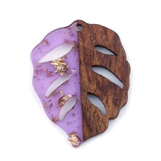 Immagine di Legno & Resina Charm Resina Effetto Legno Ciondoli Foglia Colore Viola Stagnola 3.7cm x 2.8cm, 3 Pz