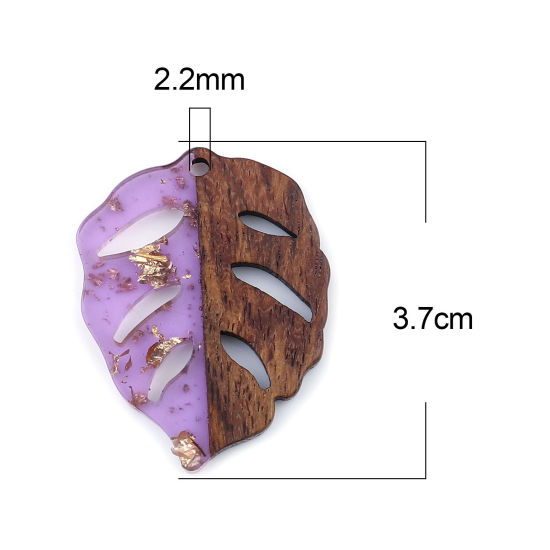 Immagine di Legno & Resina Charm Resina Effetto Legno Ciondoli Foglia Colore Viola Stagnola 3.7cm x 2.8cm, 3 Pz