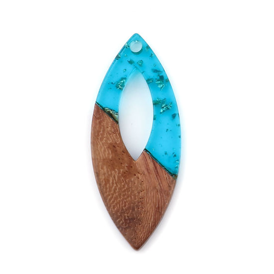 Immagine di Legno & Resina Charm Resina Effetto Legno Ciondoli Olive Blu Pavone Stagnola 3.8cm x 1.6cm, 3 Pz