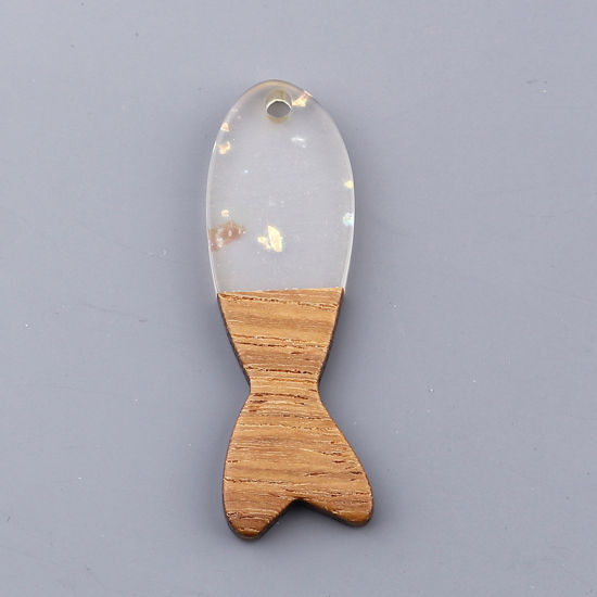 Immagine di Legno & Resina Charm Resina Effetto Legno Ciondoli Pesce Naturale Stagnola 3.7cm x 1.2cm, 3 Pz