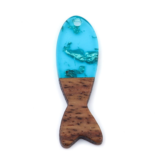 Immagine di Legno & Resina Charm Resina Effetto Legno Ciondoli Pesce Blu Pavone Stagnola 3.7cm x 1.2cm, 3 Pz