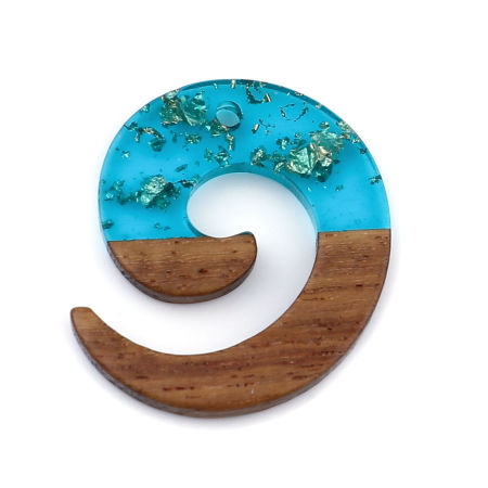 Picture of Resin & Natural Wood Effect Resin Charms Swirl Peacock Blue Foil 28mm x 24mm, 3 PCs