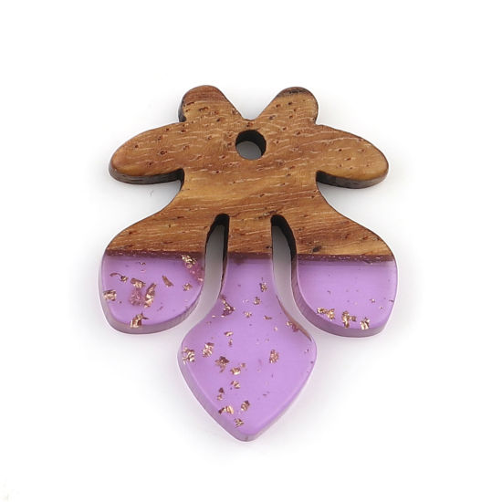 Image de Breloques en Résine & Bois Naturel Résine à Effet de Bois Naturel Feuille Violet à Strass Feuille d'etain 28mm x 23mm, 3 Pcs