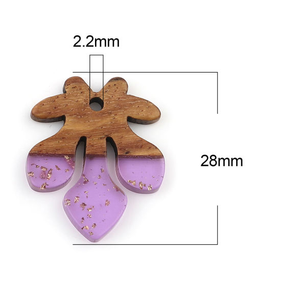 Image de Breloques en Résine & Bois Naturel Résine à Effet de Bois Naturel Feuille Violet à Strass Feuille d'etain 28mm x 23mm, 3 Pcs