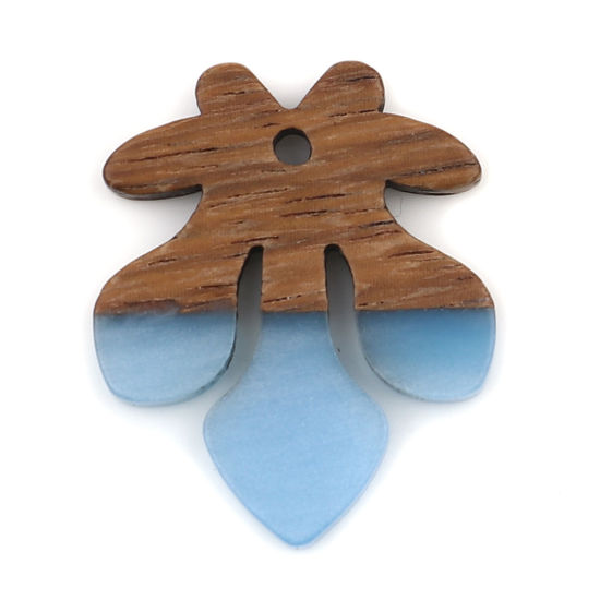 Image de Breloques en Résine & Bois Naturel Résine à Effet de Bois Naturel Feuille Bleu 28mm x 23mm, 3 Pcs