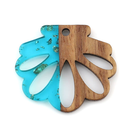 Image de Breloques en Résine & Bois Résine à Effet de Bois Coquille Bleu Paon à Strass Feuille d'etain 28mm x 25mm, 3 Pcs