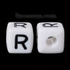 Picture of Acrylic Spacer Beads Cube White Alphabet/ Letter "R" About 10mm x 10mm, Hole: Approx 4mm, 100 PCs