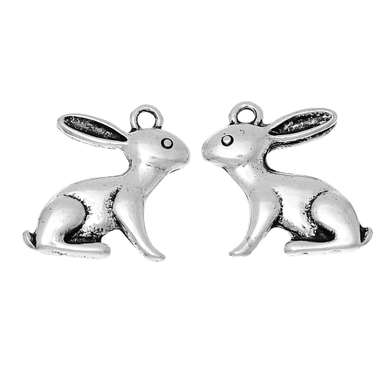Picture of Zinc Based Alloy Easter Charms Rabbit Animal Antique Silver Color 26mm(1") x 25mm(1"), 10 PCs