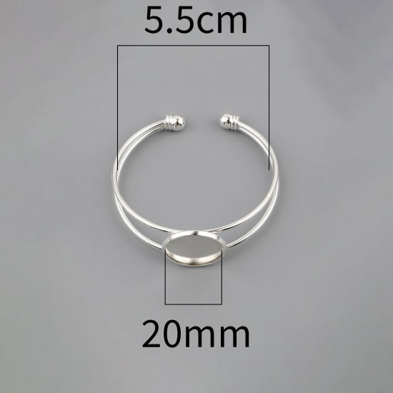 Picture of Brass Cabochon Settings Open Cuff Bangles Bracelets Round Silver Plated Cabochon Settings (Fit 20mm Dia.) 17cm(6 6/8") long, 2 PCs                                                                                                                            