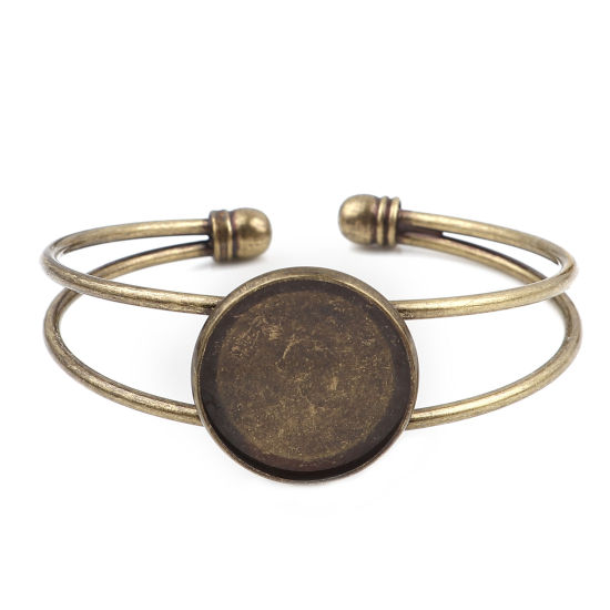 Picture of Brass Cabochon Settings Open Cuff Bangles Bracelets Round Antique Bronze Cabochon Settings (Fit 20mm Dia.) 17cm(6 6/8") long, 2 PCs                                                                                                                           