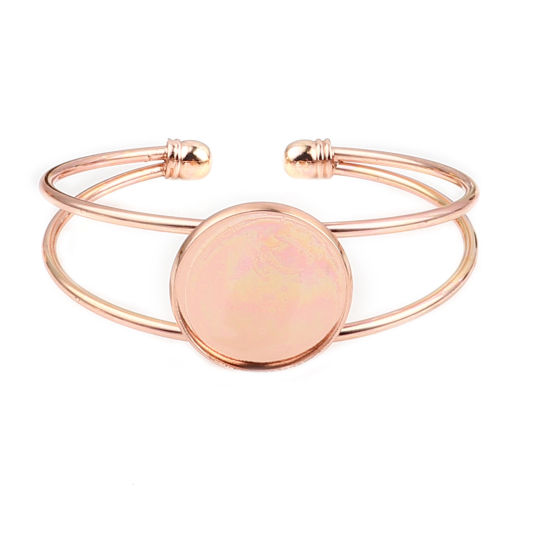 Picture of Brass Cabochon Settings Open Cuff Bangles Bracelets Round Rose Gold Cabochon Settings (Fit 20mm Dia.) 17cm(6 6/8") long, 2 PCs                                                                                                                                
