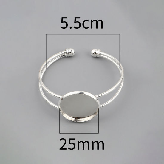 Picture of Brass Cabochon Settings Open Cuff Bangles Bracelets Round Silver Plated Cabochon Settings (Fit 25mm Dia.) 17cm(6 6/8") long, 2 PCs                                                                                                                            