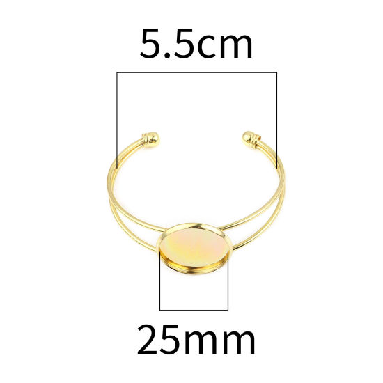 Picture of Brass Cabochon Settings Open Cuff Bangles Bracelets Round Gold Plated Cabochon Settings (Fit 25mm Dia.) 17cm(6 6/8") long, 2 PCs                                                                                                                              