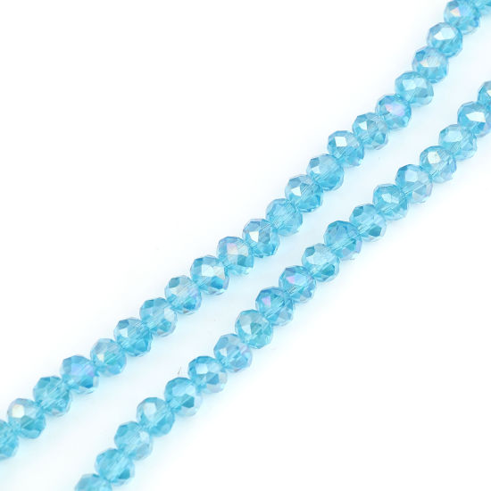 Bild von Glas Perlen Rund Azurblau AB Farbe Plattiert Facettiert ca. 4mm D., Loch: 0.9mm, 49.5cm - 48.5cm lang, 2 Stränge (ca. 140 Stück/Strang)