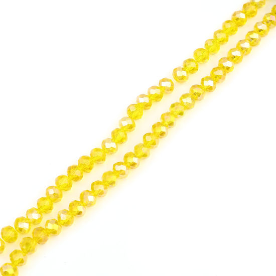 Picture of Glass Beads Round Golden Yellow AB Rainbow Color Plating Faceted About 4mm Dia, Hole: Approx 0.9mm, 49.5cm(19 4/8") - 48.5cm(19 1/8") long, 2 Strands (Approx 140 PCs/Strand)