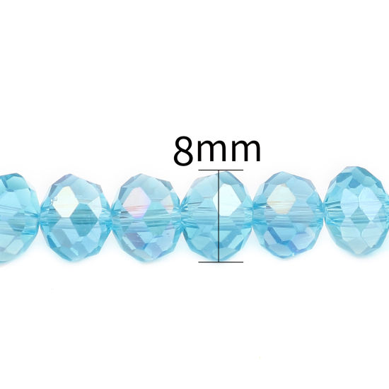 Picture of Glass Beads Round Lake Blue AB Rainbow Color Plating Faceted About 8mm Dia, Hole: Approx 1.4mm, 43.5cm(17 1/8") - 42.5cm(16 6/8") long, 2 Strands (Approx 68 PCs/Strand)