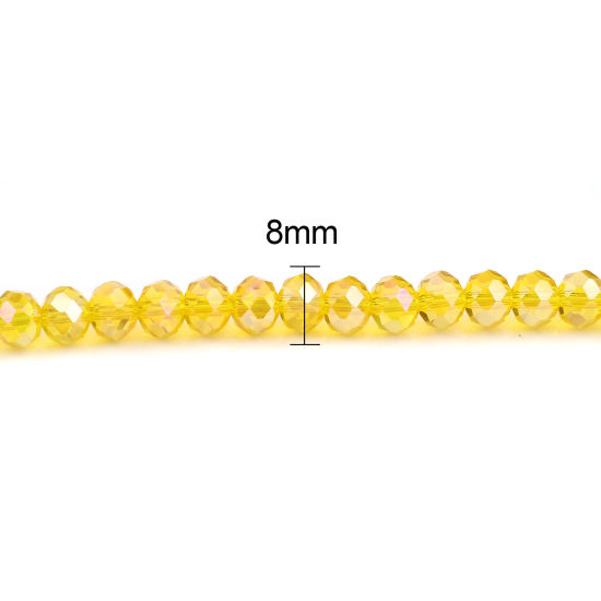 Picture of Glass Beads Round Golden Yellow AB Rainbow Color Plating Faceted About 8mm Dia, Hole: Approx 1.4mm, 43.5cm(17 1/8") - 42.5cm(16 6/8") long, 2 Strands (Approx 68 PCs/Strand)