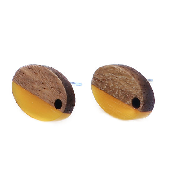 Image de Boucles d'Oreilles Puces Résine à Effet de Bois Naturel en Résine & Bois Naturel Ovale Gingembre avec Boucle 15mm x 10mm, Epaisseur de Fil: (21 gauge), 6 Pcs