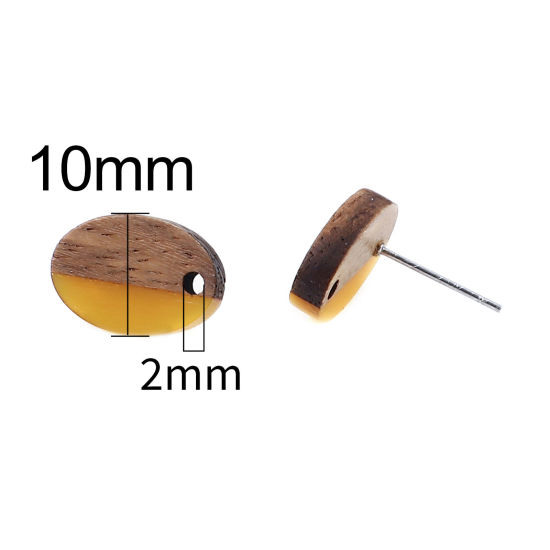 Image de Boucles d'Oreilles Puces Résine à Effet de Bois Naturel en Résine & Bois Naturel Ovale Gingembre avec Boucle 15mm x 10mm, Epaisseur de Fil: (21 gauge), 6 Pcs