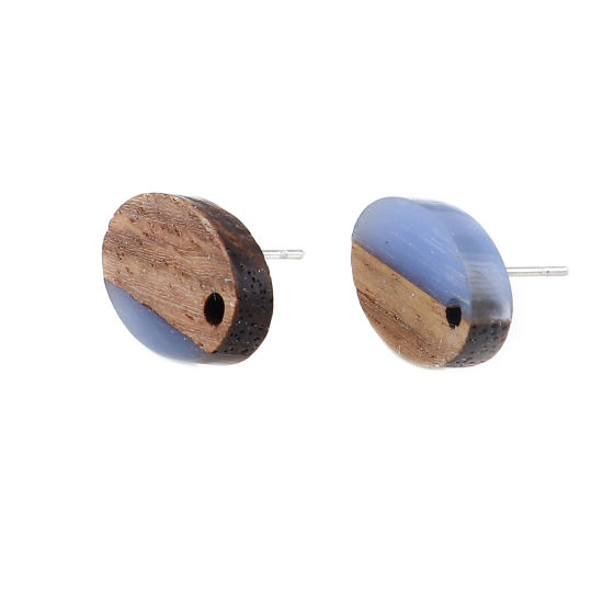 Image de Boucles d'Oreilles Puces Résine à Effet de Bois Naturel en Résine & Bois Naturel Ovale Bleu avec Boucle 15mm x 10mm, Epaisseur de Fil: (21 gauge), 6 Pcs